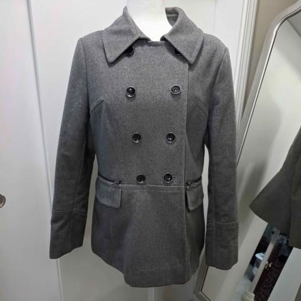 DKNY Grey Double-Breasted Wool Blend Peacoat with Zipper Pockets